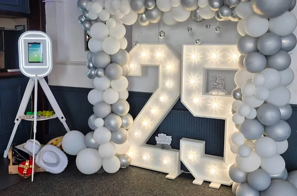 Eventz photobooth 360 experience giant lightup letters and numbers party exclusive prints setup South Wales, Swansea, Cardiff, UK.
